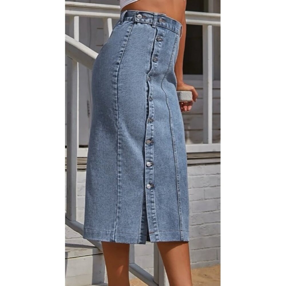 Source Unknown Light Blue Buttoned Pencil Skirt